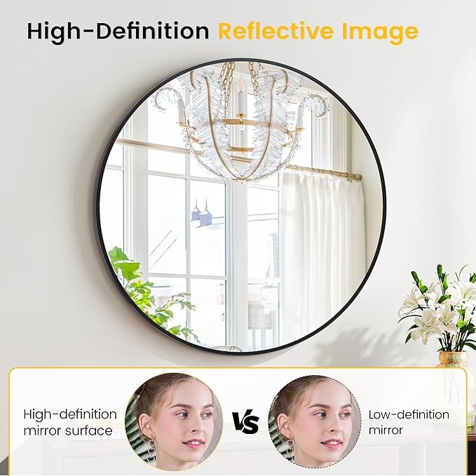 GarveeHome Round Mirror, 20 in Small Aluminum Alloy Circle Frame, High Definition Eco-Friendly Black Round Bathroom Mirror for Over Sink, Wall Mirror for Entryway, Bathroom, Vanity