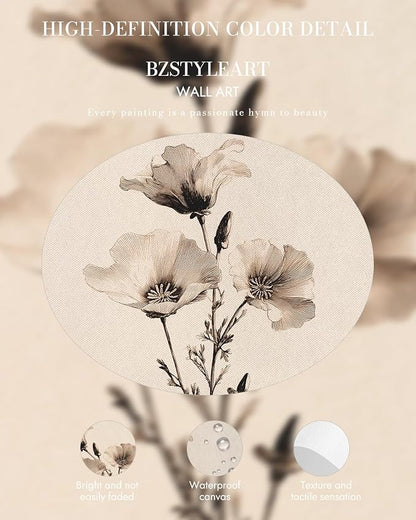 Bzstyleart Vintage Wall Art Decor for Living Room, Canvas Framed Flower Wall Art, Sketch Poppy Flower Picture Painting, Vintage Room Decor Aesthetic for Bedroom Kitchen, California, 12L x 16W