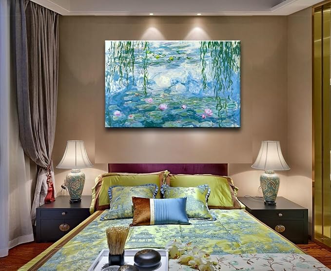 Claude Monet Canvas Wall Art - Water Lilies Classic Artwork Picture Print with Framed Painting for Home Office Wall Decor-32 x48
