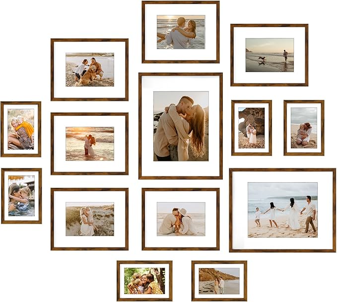 Giftgarden 14 Pack Brown Picture Frames Set, 2pcs 11x14 Matted for 8x10, 6pcs 8x10 Matted for 5x7, 6pcs 5x7 Matted for 4x6, Gallery Frame Collage for Wall or Tabletop Display