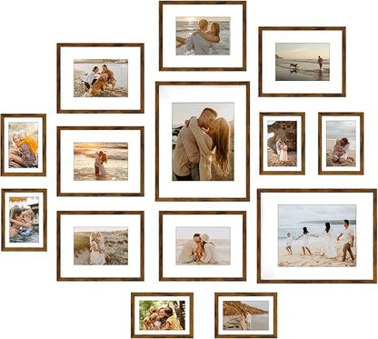 Giftgarden 14 Pack Brown Picture Frames Set, 2pcs 11x14 Matted for 8x10, 6pcs 8x10 Matted for 5x7, 6pcs 5x7 Matted for 4x6, Gallery Frame Collage for Wall or Tabletop Display