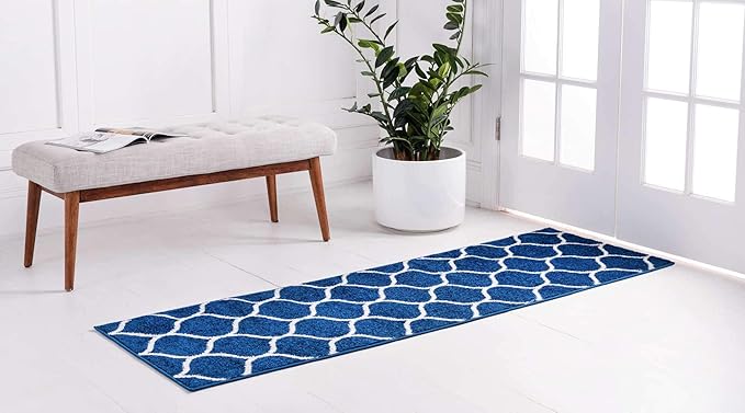 Unique Loom Trellis Frieze Collection Area Rug - Rounded (2' x 6' 1" Runner, Navy Blue/ Ivory)