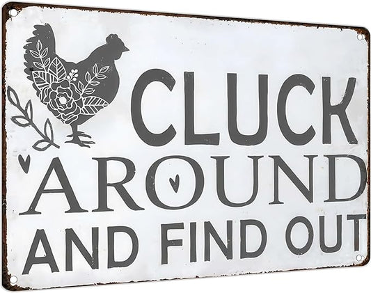 Vintage Chicken Metal Signs "Cluck Around and Find Out" Iron Wall Decor Funny Warning Tin Sign for Home Farm Chicken Coop Farmhouse Kitchen Garden Decor 8 X 12 Inch