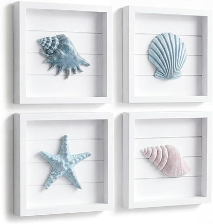Tide and Tales 3D Seashells & Starfish Coastal Wall Art Decor (Framed Set of 4) Beach Wall Decor for Bathroom or Coastal Bedroom - Ocean Inspired Seaside Decorations for Home or Beach House (7"x7")