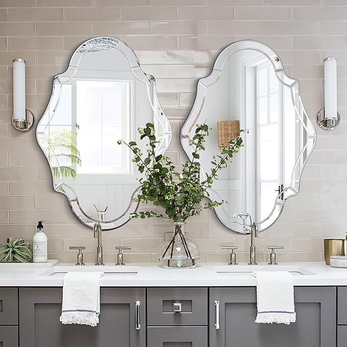 Large Decorative Mirrors, 40"x28" Scalloped Wall Mirror with Elegant Beveled Edges and Mirrored Frame, Irregular Mirror for Dining Room Living Room Bathroom Entryway, Hang Horizontally or Vertically