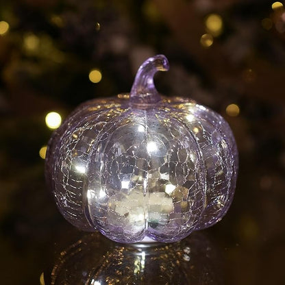 Handcrafted Lavender Crackle Glass Pumpkin Light, LED Battery Operated Table Décor with 6H Timer, Twinkle & Steady Modes, Elegant Fall & Holiday Decoration