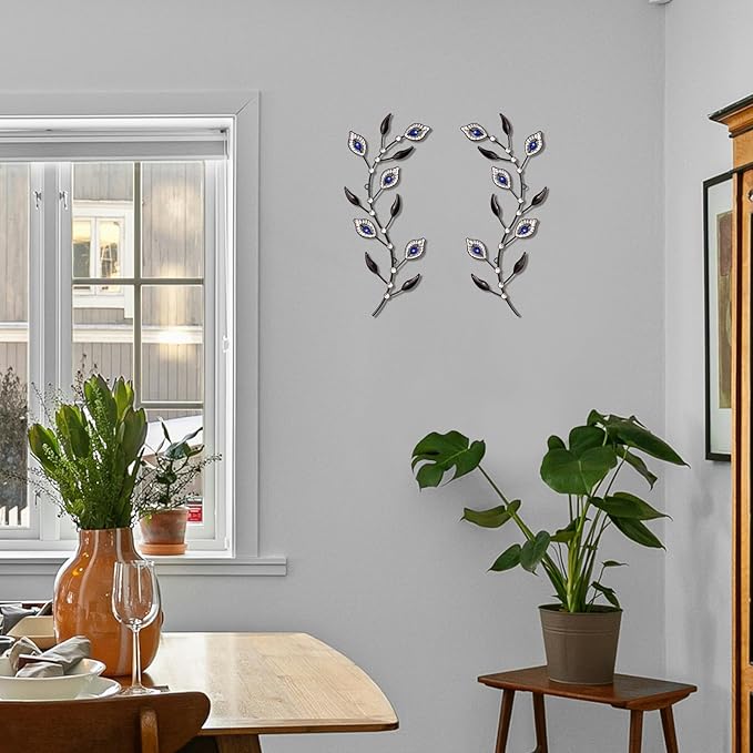 sxnzequnze 2 Sets Leaf Wall Art for Home Metal Bling Rhinestones Ready to Hang Tree Branch Leaves Olive Vine Wrought Iron Hanging Sculpture Pieces Wall Decor Pcs - 16.5in