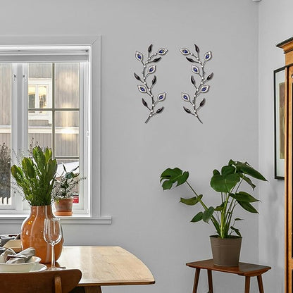 sxnzequnze 2 Sets Leaf Wall Art for Home Metal Bling Rhinestones Ready to Hang Tree Branch Leaves Olive Vine Wrought Iron Hanging Sculpture Pieces Wall Decor Pcs - 16.5in