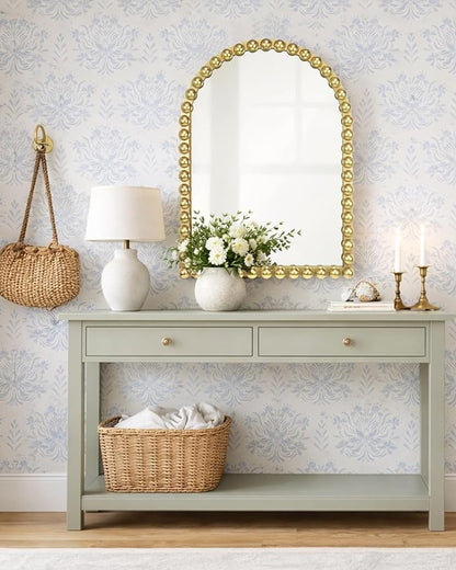 Gold Beaded Arched Wall Mirror 22x30 Inch, Vintage Decorative Arch Mirror with Beaded Frame, Accent Mirror for Entryway, Bathroom, Living Room, Bedroom, Fireplace