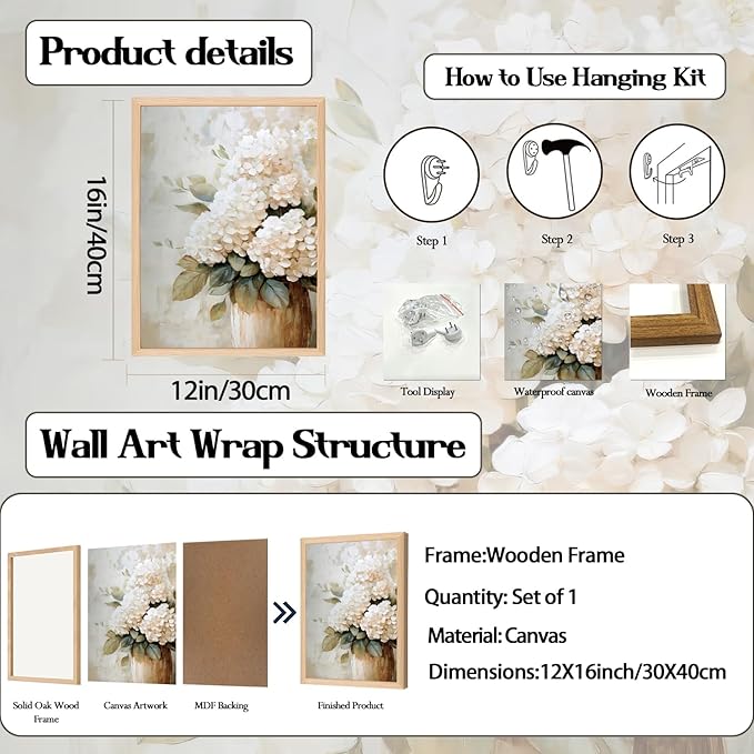 Framed Hydrangea Wall Art, White Floral Botanical Wall Decor Pictures, Vintage Flower Canvas Prints Paintings Farmhouse Aesthetic Home Decor for Living Room Bedroom Bathroom Kitchen 12x16 inch