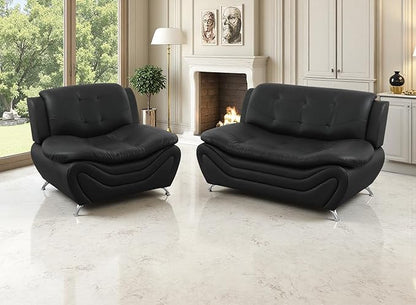 Living Room Furniture Sets, Faux Leather Sofa Set, Sofa Couch Black Loveseat and Chair for Bedroom, Apartment, for Living Room