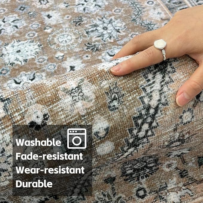 4x6 Area Rugs Beige Brown Washable Rug for Living Room, Bedroom, Dining Room, Large Carpets, Non Slip & Non-Shedding Low Pile Vintage Print Rug for Home Office Decor