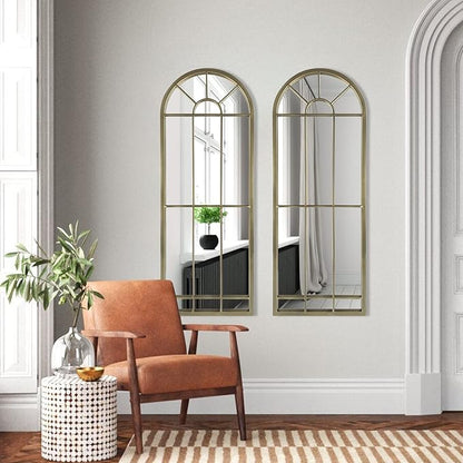 HQiJun Wall Mirror Window Decorative Mirrors Arched Farmhouse for Living Room Bedroom Entryway Bathroom Vanity(Gold,47” x17” x 1”)