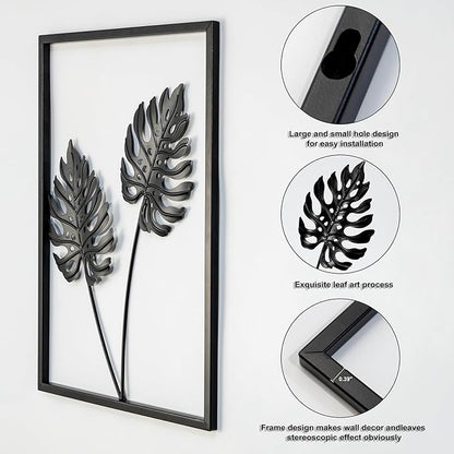 QXSXKJ Metal Wall Art, Black Frame Decor 4pack Modern Farmhouse Decor, 3d Metal Wall Ginkgo Art With Lamp for Living Room, Bedroom, Kitchen, Office (without light 17x12)