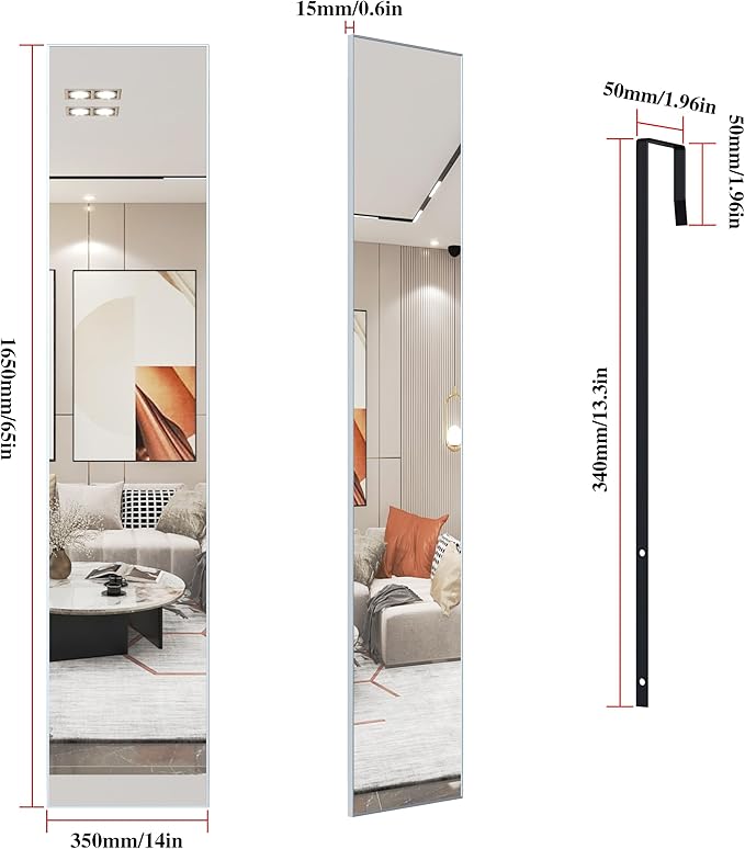 ANYHI Large Full Length Mirror, 65"x13.8" Door Mirror Full Length, 2 Hooks, Over The Door or Wall Monuted, Aluminum Frame, for Bedroom Bathroom Checkroom, Silver
