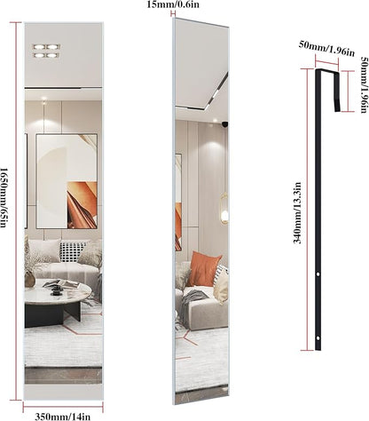 ANYHI Large Full Length Mirror, 65"x13.8" Door Mirror Full Length, 2 Hooks, Over The Door or Wall Monuted, Aluminum Frame, for Bedroom Bathroom Checkroom, Silver