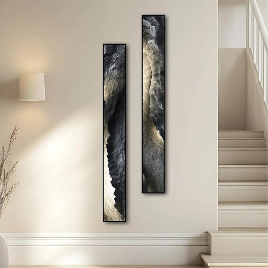 Large Framed Long Narrow Vertical Abstract Wall Art Set of 2, Premium Crystal Porcelain Canvas Prints, Dark Gray White Modern Design - Perfect for Entryway, Hallway, Living Room, Bedroom - 63x10 inch