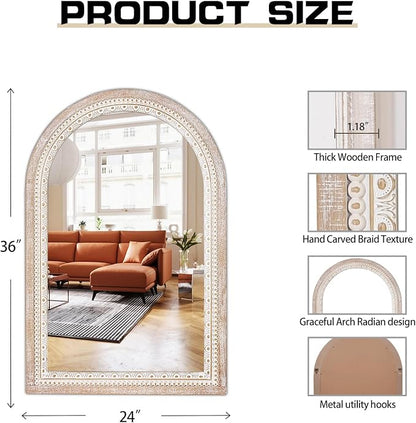 36x24 Inch Rustic Farmhouse Arched Wall Mirror, Boho Distressed Wooden Frame Decorative Arch Mirror for Bathroom Over Sink, Living Room, Entryway, Foyer