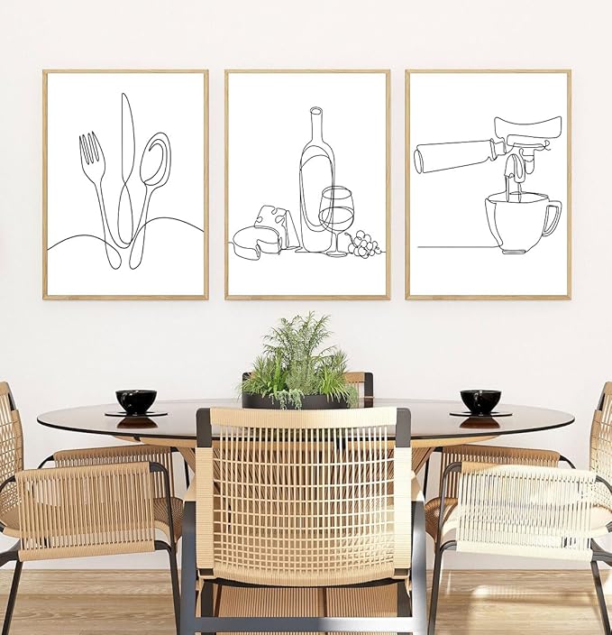 3Pcs Line Drawing Kitchen Wall Art, Modern Black White Minimalist Kitchen Abstract Line Art Posters Prints Dining Room Wall Decor Canvas Paintings Pictures Home Decoration, Unframed (line art, 12x16in
