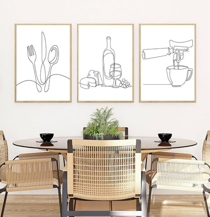 3Pcs Line Drawing Kitchen Wall Art, Modern Black White Minimalist Kitchen Abstract Line Art Posters Prints Dining Room Wall Decor Canvas Paintings Pictures Home Decoration, Unframed (line art, 16x24in