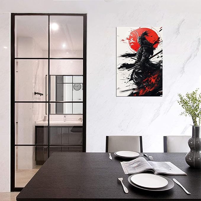 Japanese Samurai Wall Art Warrior Pictures Wall Decor Armored Samurai Painting Canvas Prints Bushido Poster Artwork Modern Home Decor Framed for Bedroom Living Room Office (12''W x 16''H)