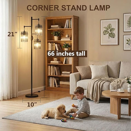 Industrial Modern Floor Lamps for Living Room, Dimmable Glass Tree Standing Tall Lamps with 3 Elegant Teardrop Cage Head & 1200 Lumens LED Bulbs for Bedroom Office (66inch Tall)