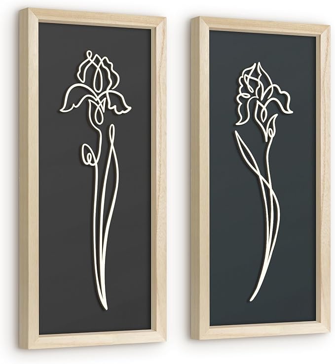 VIYYIEA Wooden 3d Floral Bathroom Wall Decor, Ready-to-Hang Framed Wall Art For Living Room, Bedroom and Office, Boho Botanical Farmhouse Decoration, Lightweight but Valuable Gift (7x16 In, set of 2)
