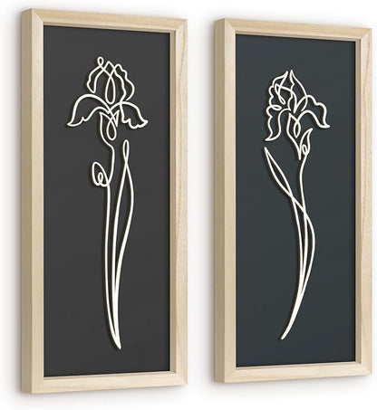 VIYYIEA Wooden 3d Floral Bathroom Wall Decor, Ready-to-Hang Framed Wall Art For Living Room, Bedroom and Office, Boho Botanical Farmhouse Decoration, Lightweight but Valuable Gift (7x16 In, set of 2)