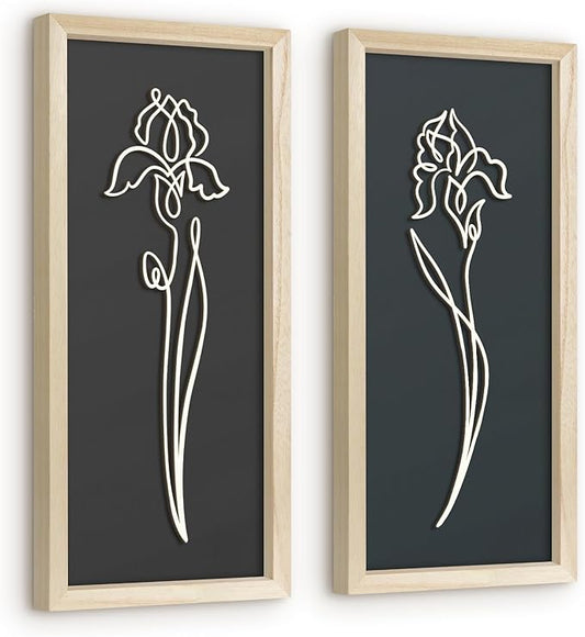VIYYIEA Wooden 3d Floral Bathroom Wall Decor, Ready-to-Hang Framed Wall Art For Living Room, Bedroom and Office, Boho Botanical Farmhouse Decoration, Lightweight but Valuable Gift (7x16 In, set of 2)