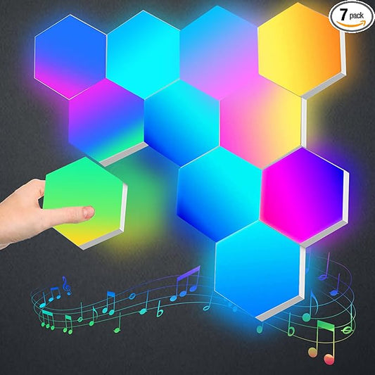 Gaming LED Hexagon Lights, Smart Hexagon Wall Lights App and Remote Control, LED Light Panels for Wall Music Sync, DIY Geometry RGB Gaming Room Decor for Living Bedroom Streaming, 7 Panels