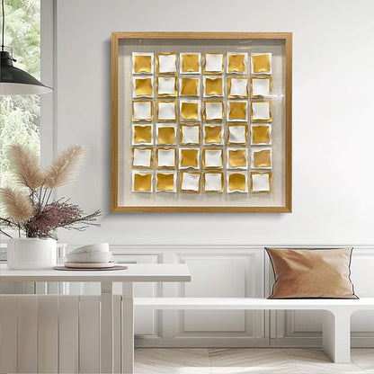 BrightA Gold and White Geometric Wall Sculpture Reflective 3D Textured Panels Brushed Metal Texture with Wave Modern Framed Abstract Art for Bedroom Office Decor 31.5"x31.5"
