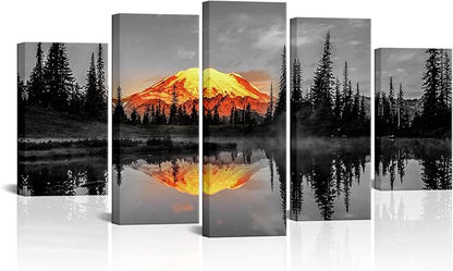 LevvArts 5 Piece Nature Canvas Wall Art Sunrise on Mount Rainier Landscape Picture Prints on Canvas Tipsoo Lake Artwork USA Scenery Poster Stretched and Framed Home Decor Ready to Hang (Large)