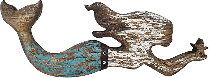 Veclotch Wood Mermaid Nautical Beach Wall Decor, Rustic Mermaid Wooden Hanging Coastal Wall Art Sculpture for Home, Lake House, Ocean Bathroom Decor, White,brown,aqua