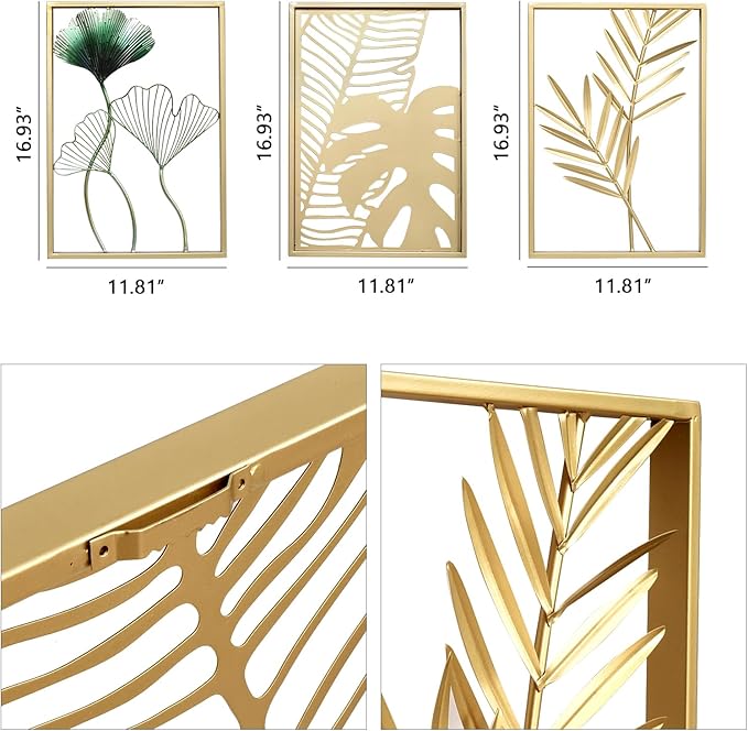 SwallowLiving Gold Wall Decor, 3 Pieces Metal Wall Art for Living Rooom, Luxurious Modern Sculptures Home Decor, Hanging Pictures for Bedroom, Office, NOT PRINTED Canvas Art (12" x 17", Set of 3)