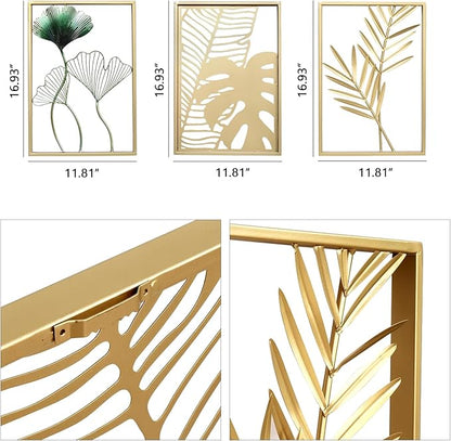 SwallowLiving Gold Wall Decor, 3 Pieces Metal Wall Art for Living Rooom, Luxurious Modern Sculptures Home Decor, Hanging Pictures for Bedroom, Office, NOT PRINTED Canvas Art (12" x 17", Set of 3)