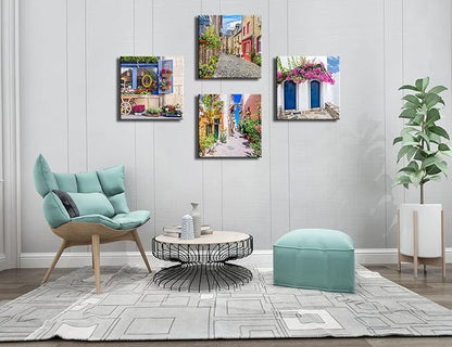 Italy Tuscan Wall Art, Colorful Nature Scenic Framed Pictures Canvas Prints, Modern Town Street Artwork Paintings for Living Room, Bedroom, Office Wall Decor