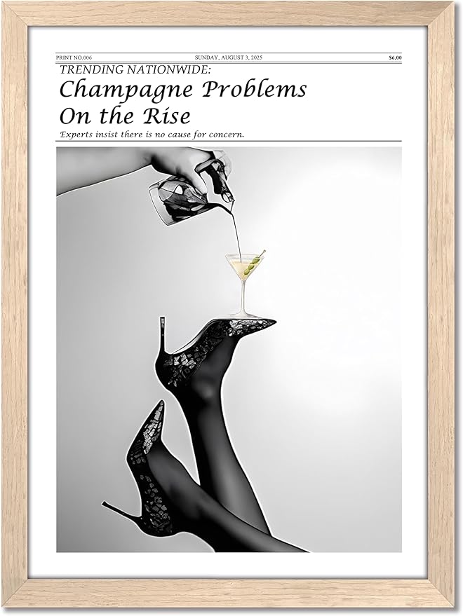 Framed Newspaper Wall Art, Champagne Problems Poster Black and White Vintage Aesthetic Canvas Print Picture, Fashion Glam High Heels Cocktail Glass Wall Decor for Bar Apartment Girls Room 12x16 inch
