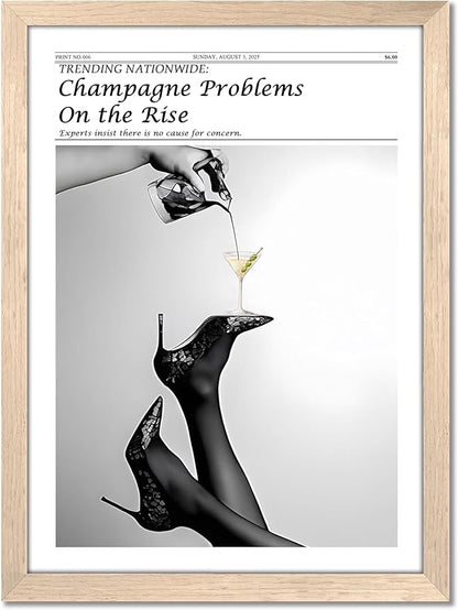 Framed Newspaper Wall Art, Champagne Problems Poster Black and White Vintage Aesthetic Canvas Print Picture, Fashion Glam High Heels Cocktail Glass Wall Decor for Bar Apartment Girls Room 12x16 inch