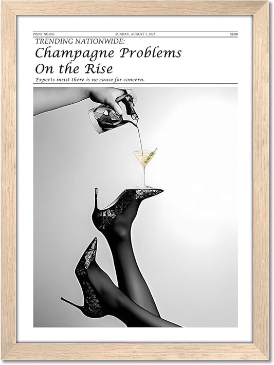 Framed Newspaper Wall Art, Champagne Problems Poster Black and White Vintage Aesthetic Canvas Print Picture, Fashion Glam High Heels Cocktail Glass Wall Decor for Bar Apartment Girls Room 12x16 inch