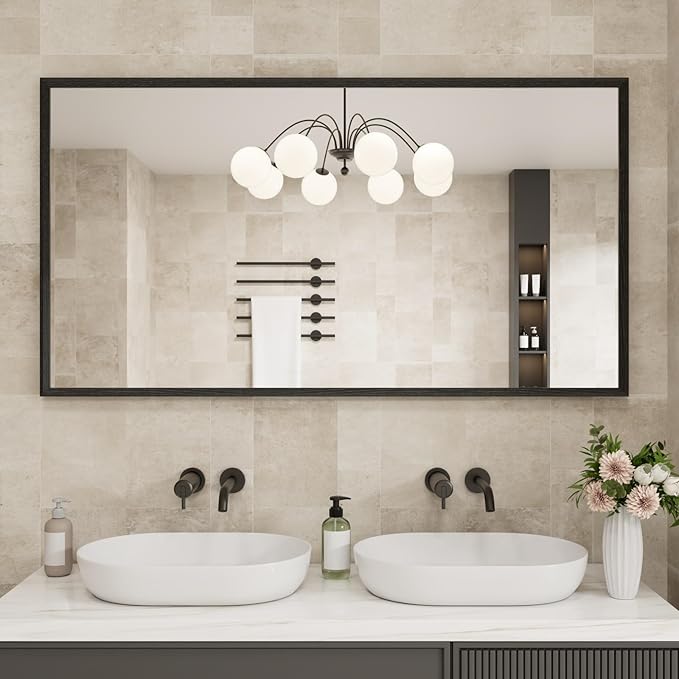 JISOSO Rectangle Bathroom Mirror 55x30 Inch, Matte Black Framed, 4MM Tempered Glass, Anti-Rust, Wall-Mount Vanity Mirror for Bathroom & Bedroom, Hangs Horizontally or Vertically