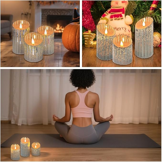 LEDHOLYT Rechargeable Flameless Candle, Flickering LED Pillar Glass Fake Candle with Remote and Timer, Built-in Battery Real Wax Electronic Candle for Room Decoration, Set of 3