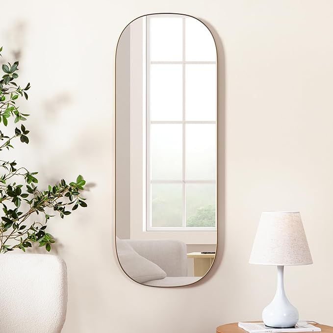 Wall Mirror Decorative Metal Gold Wall-Mounted Mirrors, 47"x18" Oval Tall Mirror for Wall, Full Length Mirrors, Large Bathroom Vanity Mirror Iron Brushed Gold Frame