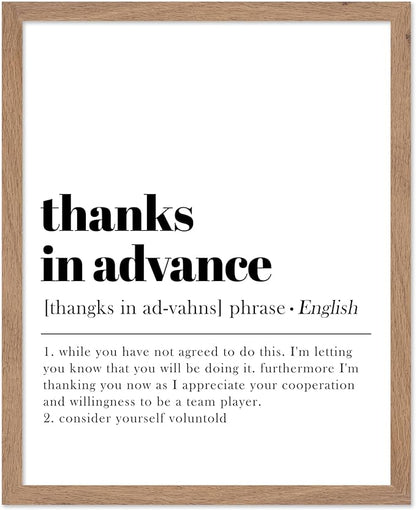 Poster Master Typography Poster - Retro Dictionary Print - Thanks in Advance Definition, Book Page, Funny - Gift for Colleague, Friend - Wall Decor for Home, Office, 11x14 Beige Framed