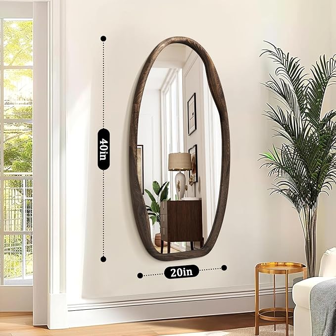 JJUUYOU Irregular Wall Mirror Asymmetrical Bathroom Mirrors for Wall 40"X20" Large Wood Framed Hanging Mirror for Living Room Bathroom Entryway Bedroom Horizontal or Vertical Dark Brown