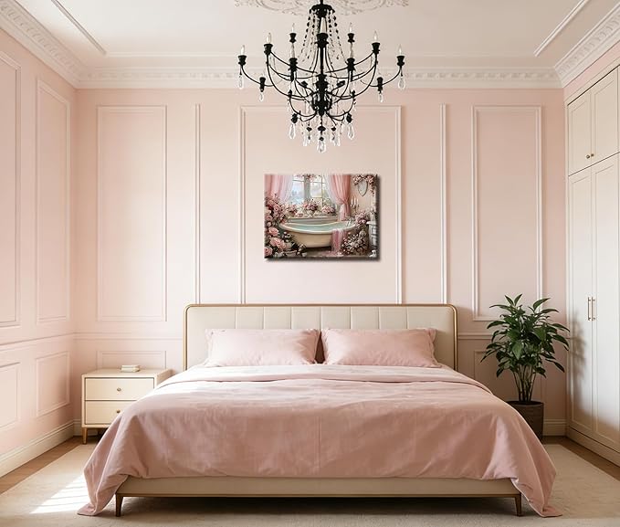 Frimeeme Pink Bathroom Wall Decor, Pink Roses Bathtub Print, Luxury Floral Bathroom Decor, 12x16 Inches
