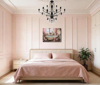 Frimeeme Pink Bathroom Wall Decor, Pink Roses Bathtub Print, Luxury Floral Bathroom Decor, 12x16 Inches