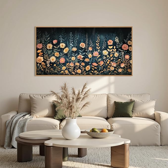 HPNIUB Moody Dark Wildflowers Framed Wall Art Set,Modern Botanical Floral Wall Decor,Dark Blue Colorful Flower Vibrant Printing,Nature Spring Flower Artwork for Living Room, Bedroom,Office-20''x40''