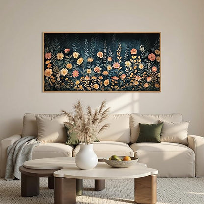 HPNIUB Moody Dark Wildflowers Framed Wall Art Set,Modern Botanical Floral Wall Decor,Dark Blue Colorful Flower Vibrant Printing,Nature Spring Flower Artwork for Living Room, Bedroom,Office-20''x40''