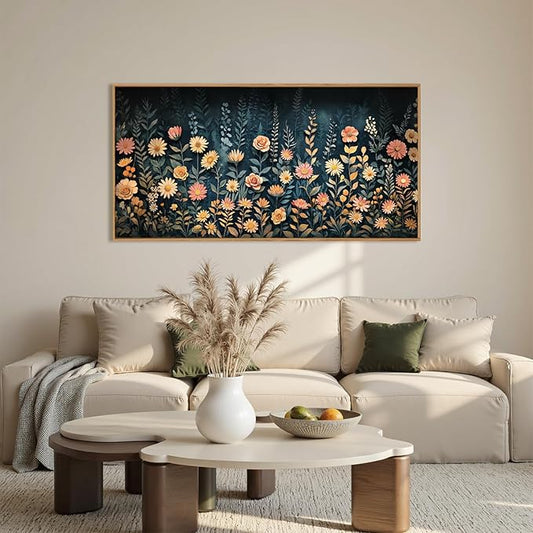 HPNIUB Moody Dark Wildflowers Framed Wall Art Set,Modern Botanical Floral Wall Decor,Dark Blue Colorful Flower Vibrant Printing,Nature Spring Flower Artwork for Living Room, Bedroom,Office-20''x40''