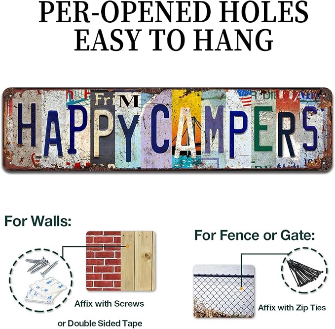 Happy Campers Vintage Metal Tin Sign - Rustic Camping Wall Art for Cabin, RV, Outdoor, Farmhouse Décor - 4x16 Inch